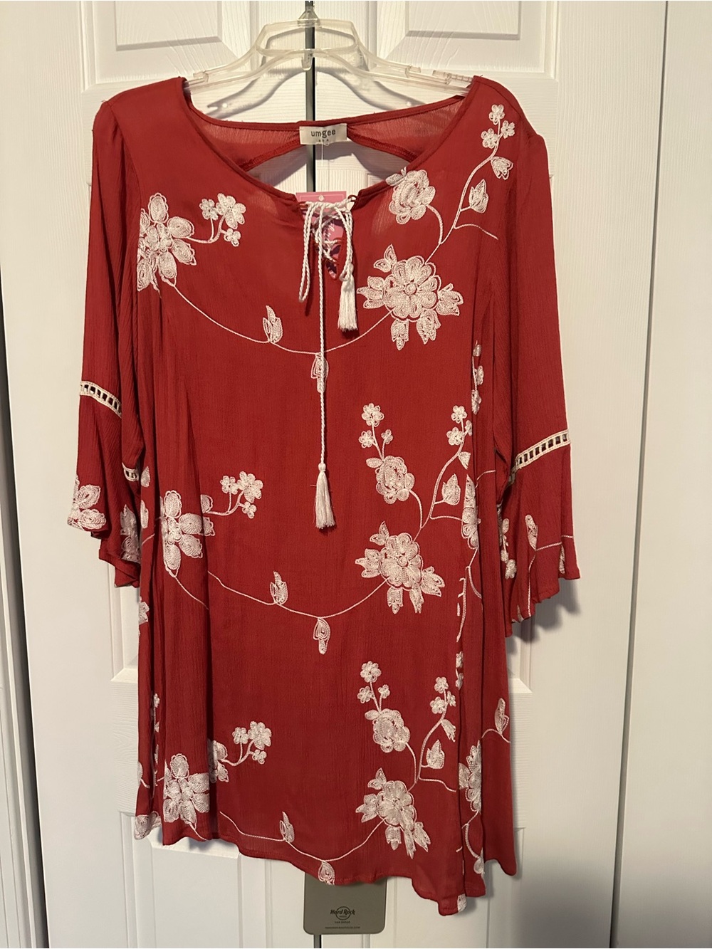 Umgee Brick Red Lightweight U Neck Tunic with White Stitching